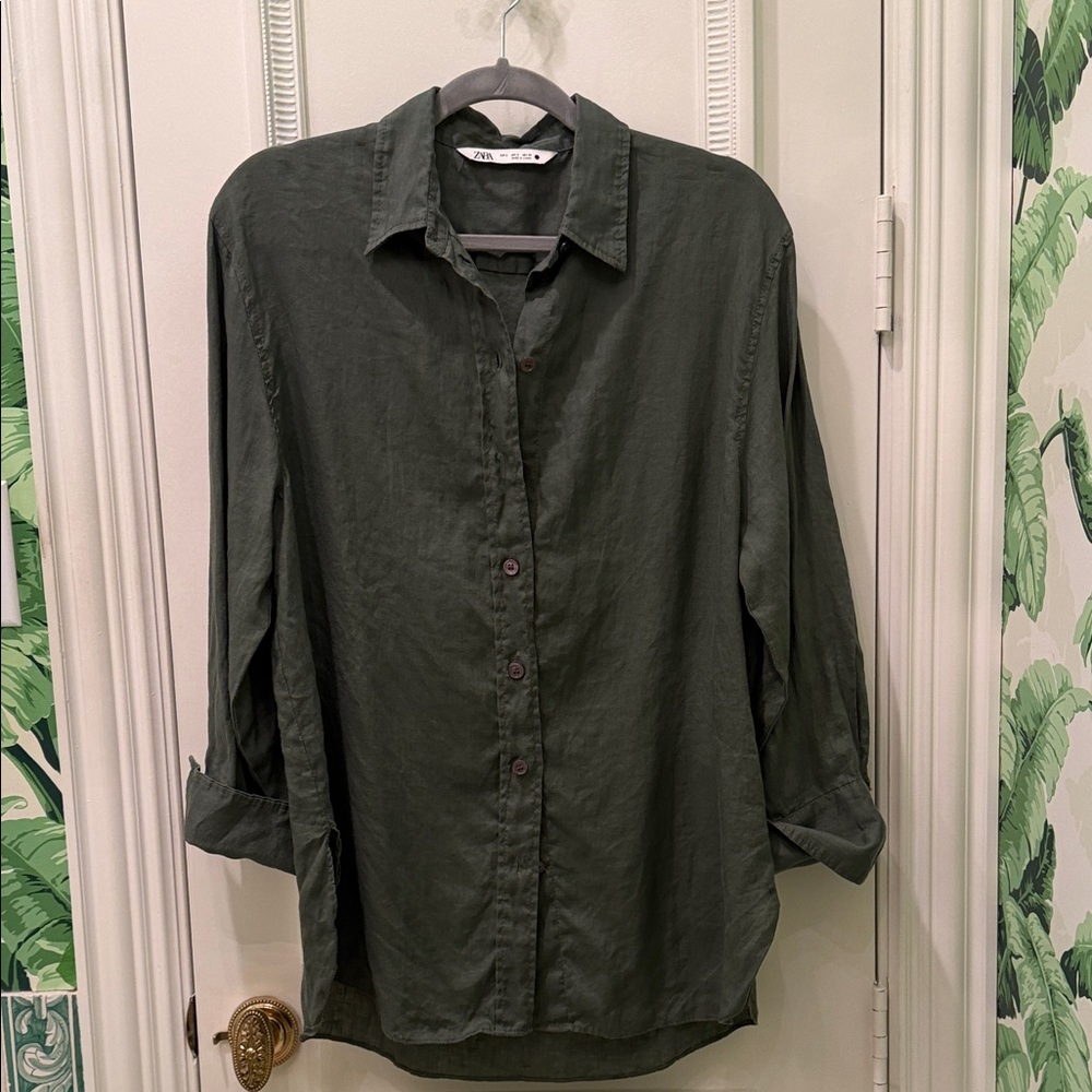 Zara Sage Green Linen Button-Up Shirt